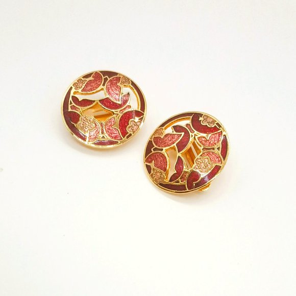 Gold Open Work Butterfly Earrings. Round Enamel Cloisonné Clip On Spring Jewelry - Picture 1 of 5